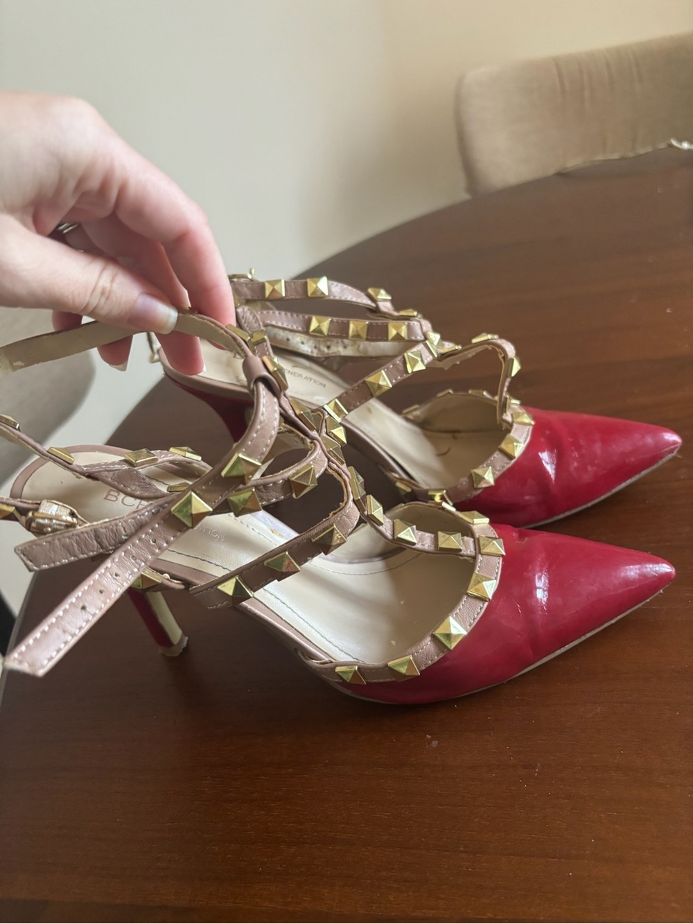 BCBG Generation Studded Strappy Pointed-Toe Heels in Red and Nude